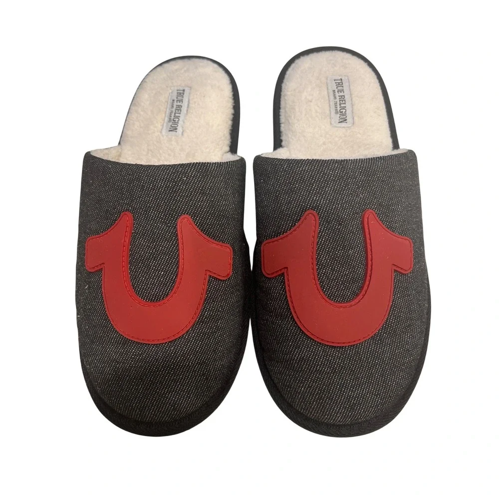 True Religion Mens Denim Slippers Red Horseshoe‎ Logo Faux Fur Lining Size S 7-8